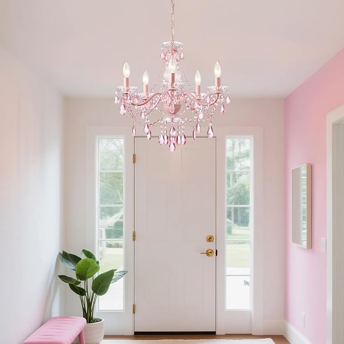 AMZASA Modern Crystal Pink Chandelier, Not Acrylic Crystal,Pink Crystals Hanging Pendant Light for Girls Room,Ceiling Medallions, Farmhouse Glass Chandelier for Wedding, Kitchen, Dining,Foyer,Island