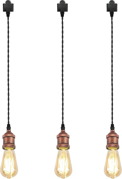 Kiven H-Type Track Lighting Pendants,Industrial h Track Pendant Lights with 48 Inch Cord Length Black Weave Rope,3 Pack Track Lighting Fixture,Vintage Red Finish