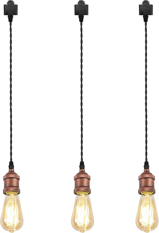 Kiven H-Type Track Lighting Pendants,Industrial h Track Pendant Lights with 48 Inch Cord Length Black Weave Rope,3 Pack Track Lighting Fixture,Vintage Red Finish