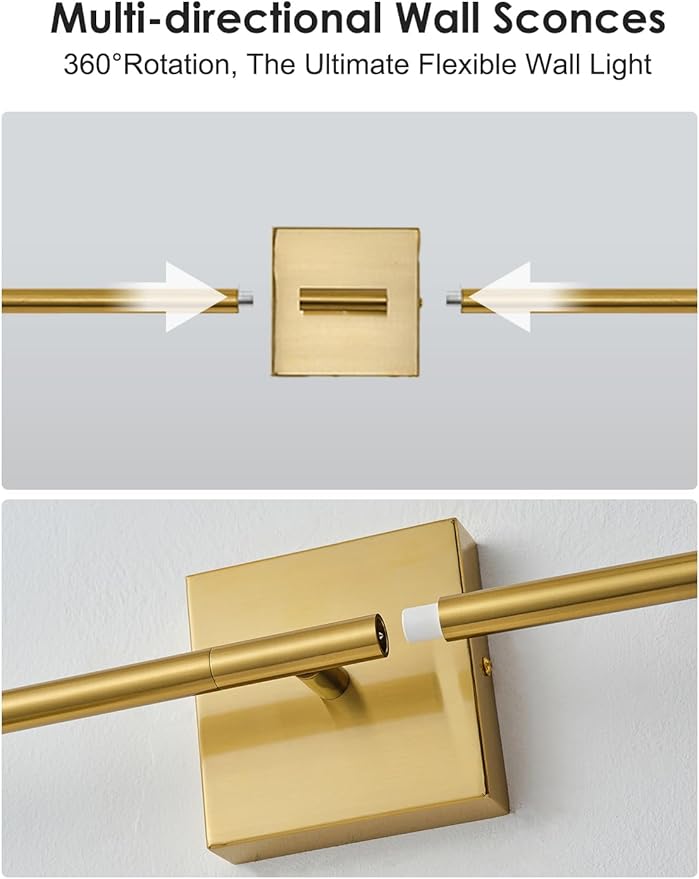 KARTOOSH 27.8 Inch Hardwired Wall Sconces Set of Two, 3000K Warm White Dimmable Modern Wall Sconces, 350° Rotate LED Light Fixtures Wall Lamp for Bathroom Living Room Bedroom Bedside, Brushed Brass