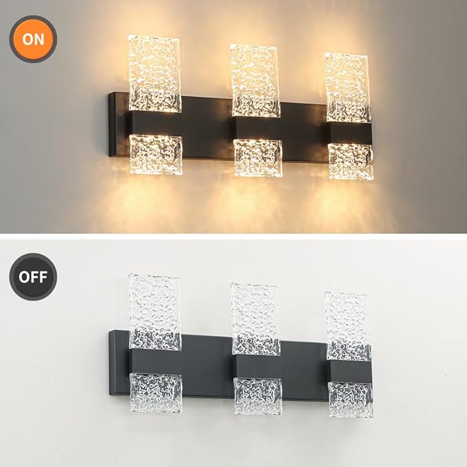 Modern Matte Black 3 Lights Bathroom Vanity Light, Eleglant Black LED Bathroom Light Fixtures over Mirror, Dimmable Acrylic Shade Wall Lighting Fixtures, Hardwired Wall Light(H9.25in, L21.26in)
