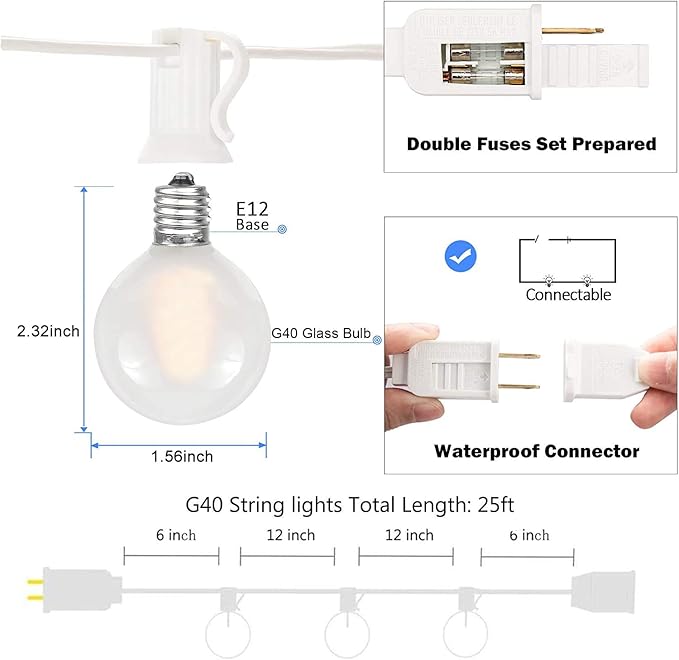 25Ft G40 LED Frosted White String Lights Outdoor with 27 Shatterproof Globe Bulbs Patio Lights White Wire, Waterproof Hanging Bistro Lights for Wedding Party Backyard Garden Porch Christmas Decor