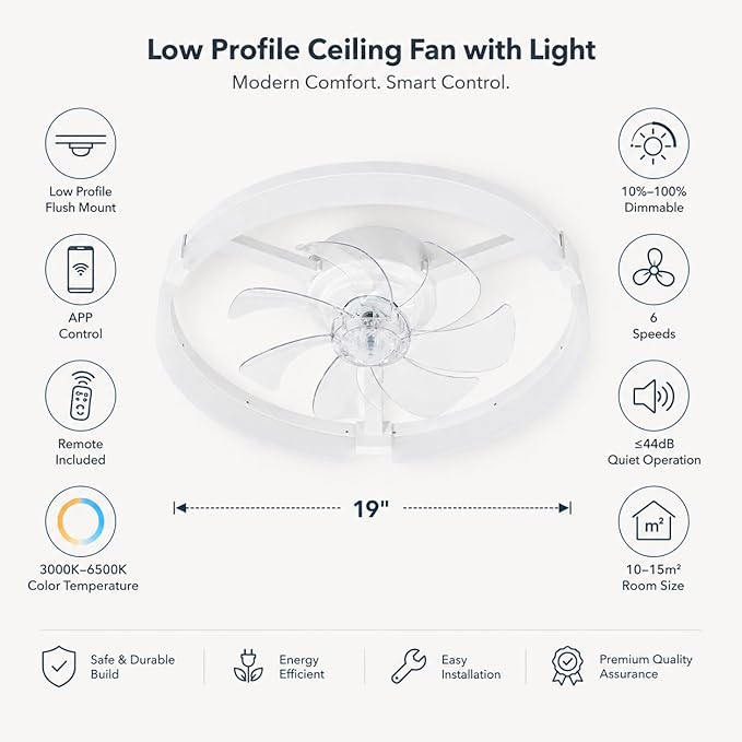 19" Low Profile Ceiling Fan with Lights and Remote, Modern White Flush Mount Bladeless Ceiling Fan, App Control Smart Fandelier, 6 Speeds Reversible Motor, Dimmable LED Fan Light for Bedroom, Kitchen