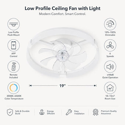 19" Low Profile Ceiling Fan with Lights and Remote, Modern White Flush Mount Bladeless Ceiling Fan, App Control Smart Fandelier, 6 Speeds Reversible Motor, Dimmable LED Fan Light for Bedroom, Kitchen