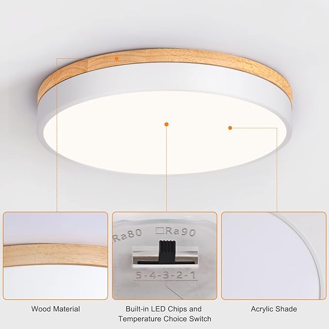 Yiisem Dimmable Wood LED Flush Mount Ceiling Light, 5CCT 2700K-6000K Modern Round Close to Ceiling Lighting Fixtures, Minimalist White Ceiling Lamp for Living Room, Bedroom, Laundry Room