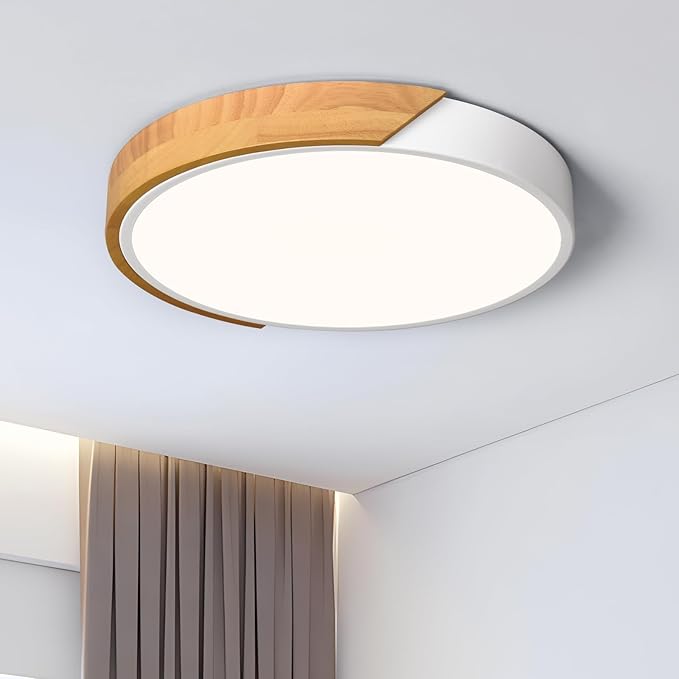 Modern LED Ceiling Light, Minimalist Wood Style Flush Mount Ceiling Light Fixture, Circle Lighting Lamp with Acrylic Lampshade for Bedroom Living Room Dining Room Laundry (White, 11.8'')