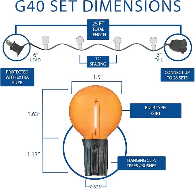 Novelty Lights G40 Filament LED String Light, Translucent Orange Bulbs, 25 Globe Lights with 12" Spacing on Green Wire, Indoor/Outdoor Festive Patio Lights