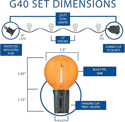 Novelty Lights G40 Filament LED String Light, Translucent Orange Bulbs, 25 Globe Lights with 12" Spacing on Green Wire, Indoor/Outdoor Festive Patio Lights