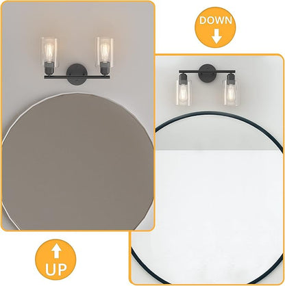 Bathroom Vanity Light Black 2 Light Rustic Bathroom Vanity Lights Over Mirror, UL Listed Modern Industrial Wall Sconces Lamp with Cylinder Glass Shade, Light Fixture for Bathroom E26 Socket