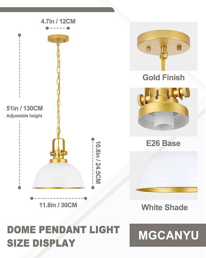 White and Gold Pendant Lights, 11.8" Modern Dome Pendant Light Fixtures with Adjustable Chain Hanging Lighting for Kitchen Island Dining Room Restaurant Bedroom Foyer Entrance Sink