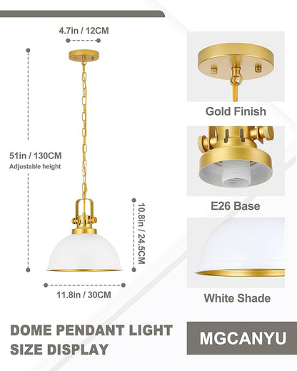 White and Gold Pendant Lights, 11.8" Modern Dome Pendant Light Fixtures with Adjustable Chain Hanging Lighting for Kitchen Island Dining Room Restaurant Bedroom Foyer Entrance Sink