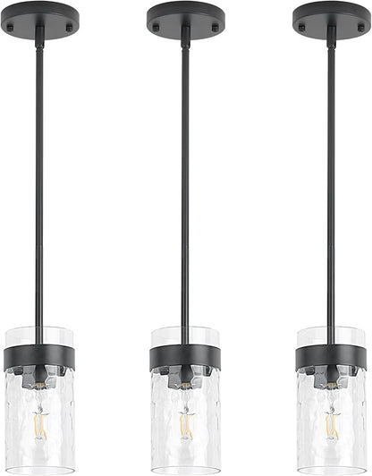 Water Ripple Glass Pendant Lights Kitchen Island Black Pendant Light Fixtures Adjustable Modern Mini Hanging Light for Sink Dining Room Foyer Entryway Bar, 3 Pack
