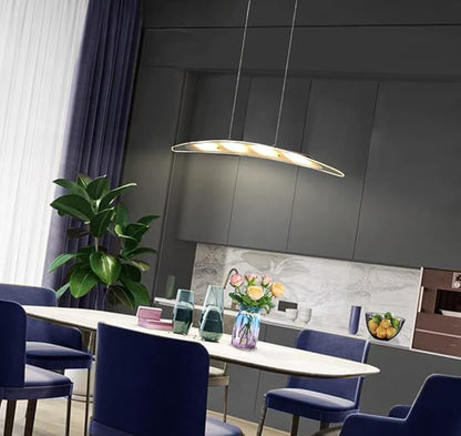 LED Pendant Light Chandelier Streamlined Cambered Glass Hanging Lamp 31.5“ 18W Warm Colored Height Adjustable for Kitchen Island Dining Study Room Restaurant Housewarming, Satin Nickel.