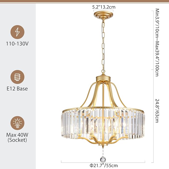 6-Light Crystal Gold Chandeliers for Dining Room 22 Inch Modern Farmhouse Chandelier Large Pendant Lighting Fixture Round Hanging Lamp for Living Room Kitchen Island Hallway Bedroom Foyer Hall