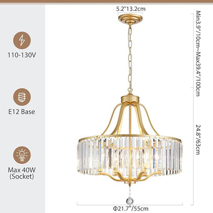 6-Light Crystal Gold Chandeliers for Dining Room 22 Inch Modern Farmhouse Chandelier Large Pendant Lighting Fixture Round Hanging Lamp for Living Room Kitchen Island Hallway Bedroom Foyer Hall