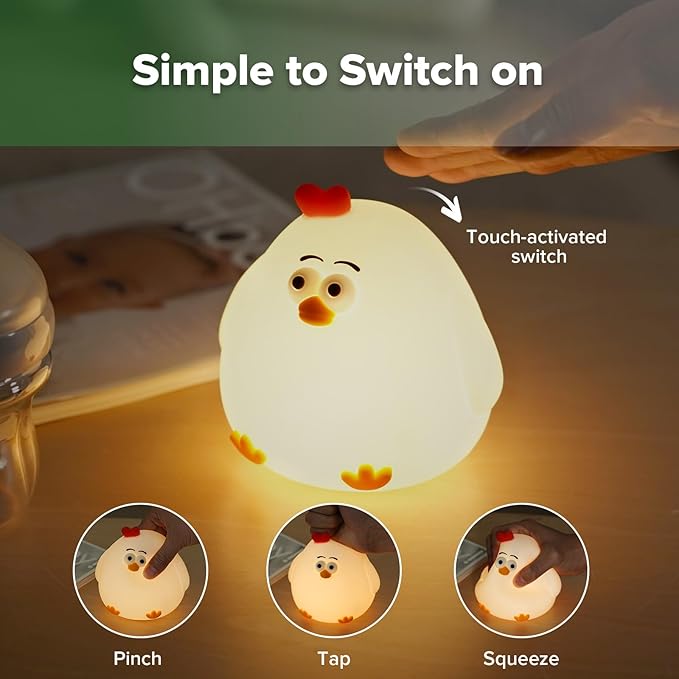 haakaa Baby Night Light | USB Rechargeable LED Funny Animal Cute Chicken Squishy Lamp for Kids,2-Level Dimmable Silicone Nursery Nightlight with 15/30 Min Timer for Breastfeeding