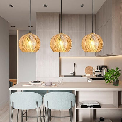 Plug in Glass Pendant Light Mid-Century Modern Striped Amber Glass Hanging Ceiling Lighting Fixture with 14.7FT Cord, Globe Decor Chandelier For Living Room, Bedroom, Dining Hall, Kitchen (Amber)