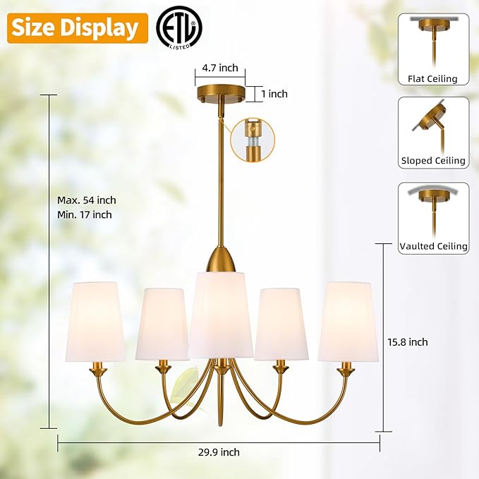 Gold Chandeliers for Dining Room,5-Light Farmhouse Dining Room Light Fixture with White Fabric Shade,30" Modern Industral Chandelier for Bedroom Foyer Living Room Kitchen.