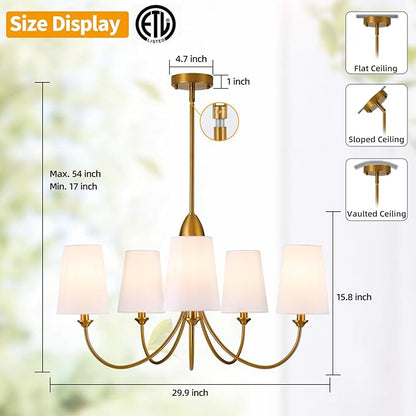Gold Chandeliers for Dining Room,5-Light Farmhouse Dining Room Light Fixture with White Fabric Shade,30" Modern Industral Chandelier for Bedroom Foyer Living Room Kitchen.