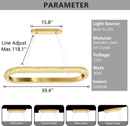 40'' Oval Ring Crystal Chandelier Modern LED Dimmable Ring Pendant Light Chandelier for Dining Room Living Room Gold