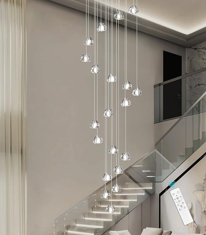 HAIXIANG 20-Lights Modern Chandeliers for Living Room Long Light High Ceiling Pendant Lights LED Dimmable Lighting Fixtures Chandelier for Foyer Entryway Polished Chrome Sloped Ceiling Install