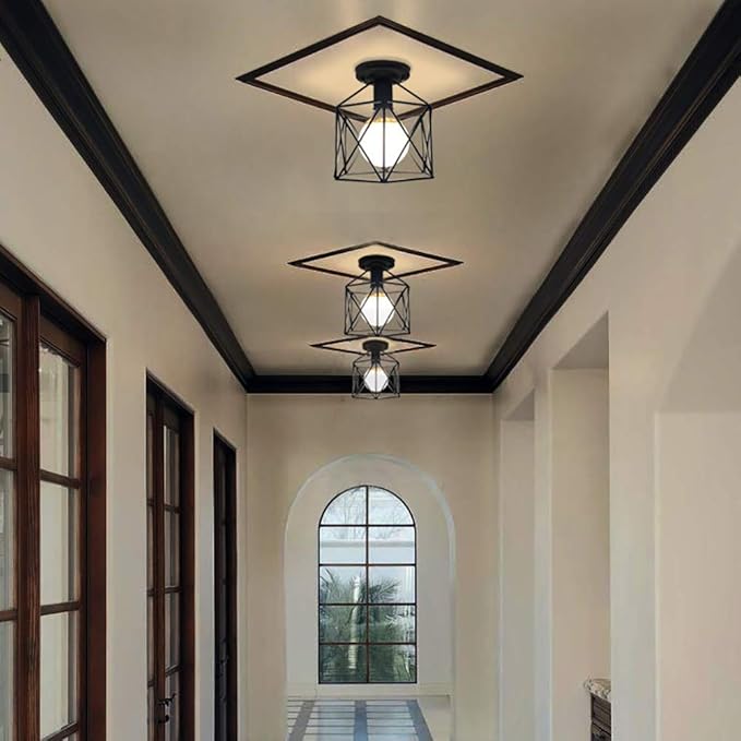 Hedume 2 Pack Semi-Flush Mount Ceiling Light, Retro Black Industrial Ceiling Light - Black Painting Metal Pendant Light Fixture for Hallway Stairway Bedroom Kitchen (E27)
