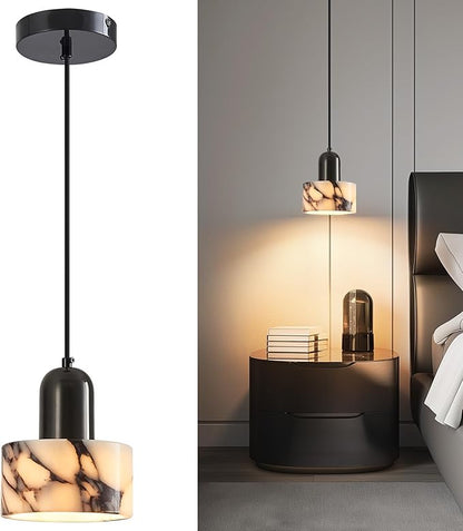 Natural Stone Pendant Lights Kitchen Island, Black Pendant Light Fixtures, Pendant lamp Marble Cylinder Shade Brass with Black Rubbed Gold Finish for Bedroom Bathroom Dining Room Living Room
