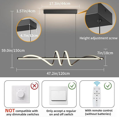 Modern LED Pendant Lights, Ceiling Chandelier Dimmable with Remote Control 3000k-6000K Adjustable Color Temperature, Aluminum Island Lighting Lamp Fixture for Kitchen, Dining Room(47in Black)