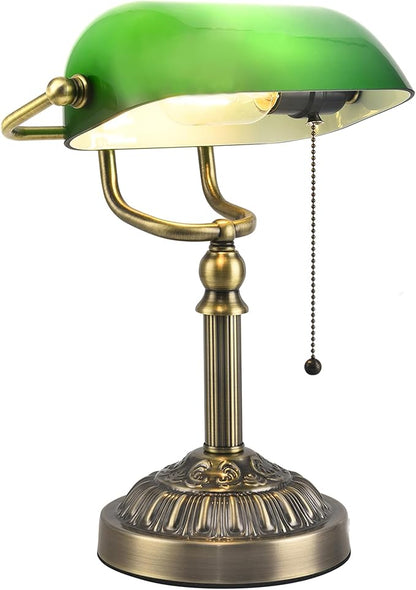 Bankers Desk Lamp with USB-A Charging Port, Vintage Green Glass Desk Lamp with Pull Chain, Antique Brass Banker's Desk Lamp for Home Office Library