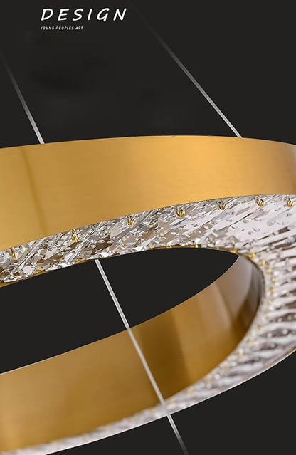Gold Plated Crystal Chandelier for Living Room 2 Rings D20''+D28'' 120W Modern Gold Ceiling Lights for Dining Room, Hotel Dimmable 2700k 4500k 6000k