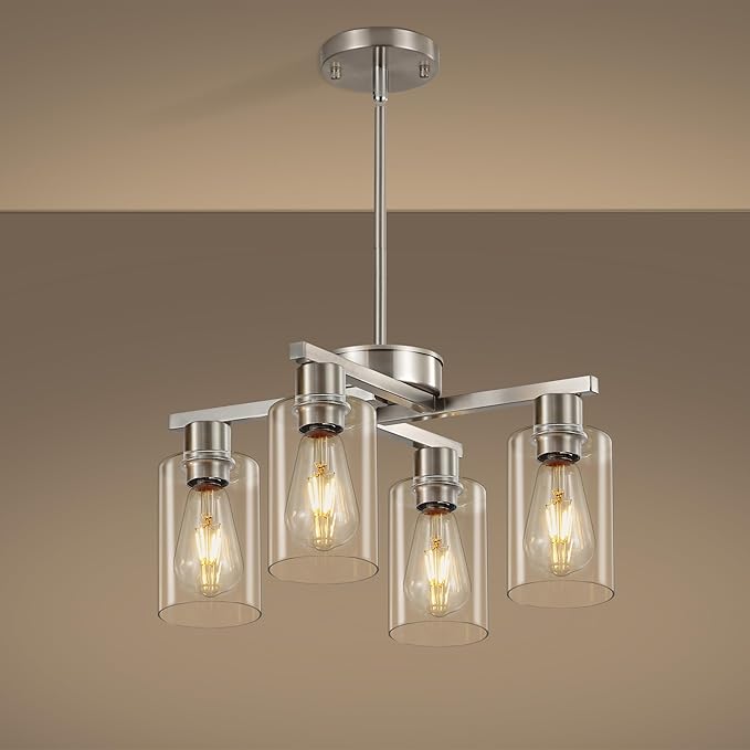 4-Light Brushed Nickel Dining Room Light Fixture, Modern Industrial Kitchen Chandelier Over Table, Adjustable Height Hanging Pendant Light for Kitchen Island, Entryway with Clear Glass Shade