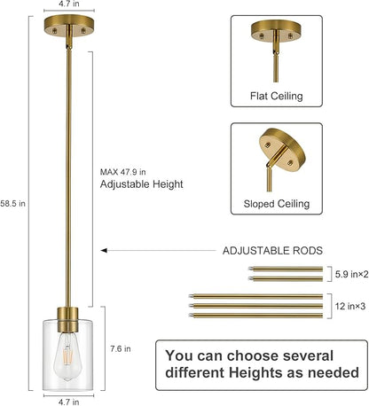 Modern Farmhouse Brass Gold Pendant Lights, Mini Hanging Light Fixture with Clear Glass Shade, Adjustable Rods for Kitchen Island, Sink, Bar (2 Pack)