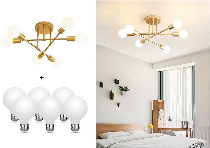Modern Sputnik Chandelier, 6-Light Ceiling Light, LED Light Bulbs Included for Bedroom,Dining Room,Kitchen,Office (Gold)