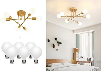 Modern Sputnik Chandelier, 6-Light Ceiling Light, LED Light Bulbs Included for Bedroom,Dining Room,Kitchen,Office (Gold)