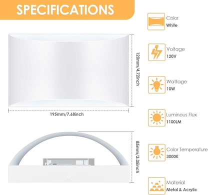 FOLKSMATE Modern LED Wall Sconces Set of 2, 3000K Warm White Up and Down Mount Light, White Hardwired Interior Wall Lights Lamp for Indoor Living Room Bedroom Hallway Basement Stairway