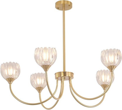 Shenmoyl 30.31" Brass Gold Chandelier, 5-Light Chandelier Light with Clear Tulip Glass Lampshade, Height Adjustable Vintage Chandeliers for Dining Room Living Room Kitchen Island