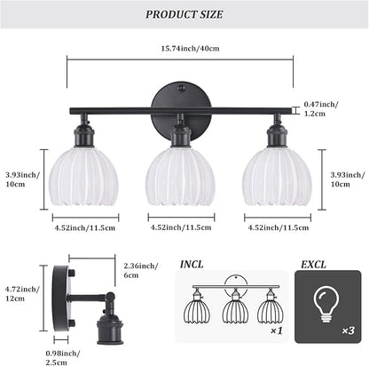 Shenmoyl Bathroom Light Fixtures, 3-Light Black Vanity wall Light Over Mirror with White Tulip Glass Shade for Bedroom Living Room (Bulb Not Included)