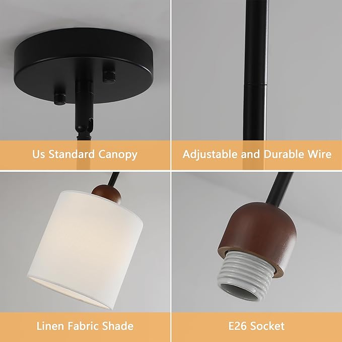 5.9” Drum Pendant Light with White Fabric Shade Modern Hanging Pendant Light Fixture| Adjustable Semi Flush Mount Kitchen Island Dining Room Bedroom Black 1 Pack