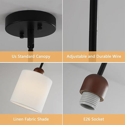 5.9” Drum Pendant Light with White Fabric Shade Modern Hanging Pendant Light Fixture| Adjustable Semi Flush Mount Kitchen Island Dining Room Bedroom Black 1 Pack