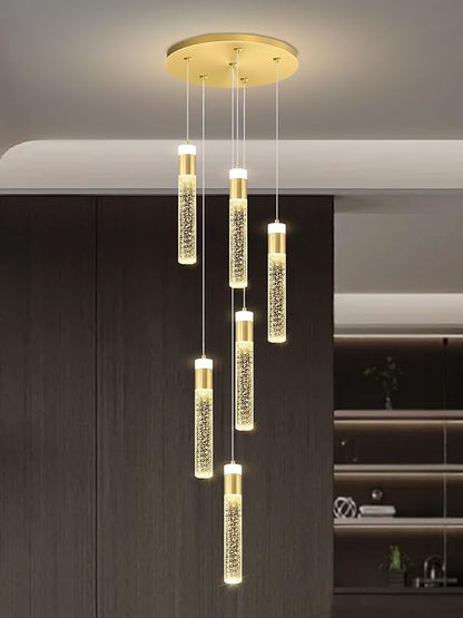 6-Light Gold Long Crystal Column Chandelier for High Ceiling Modern LED Crystal Raindrop Chandeliers for Living Room Foyer Chandelier Lighting, Dimmable 3000k-6000K