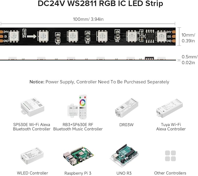 BTF-LIGHTING WS2811 DC24V 48FT Addressable RGB LED Strip 900LEDs 150Pixels Dream Color Black PCB IP30 Non-Waterproof Works with Arduino/Respberry/etc Prevent Voltage Droping(No Adapter or Controller)