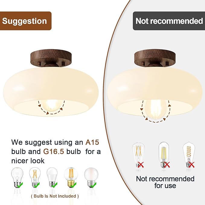 WOKNOS Mid-Century Modern Semi Flush Mount Ceiling Light, Faux Walnut Wood Kitchen Light Fixtures with Glass Shade, Vintage White Close to Ceiling Lamp for Entryway Hallway Bathroom (11.0 Inch)
