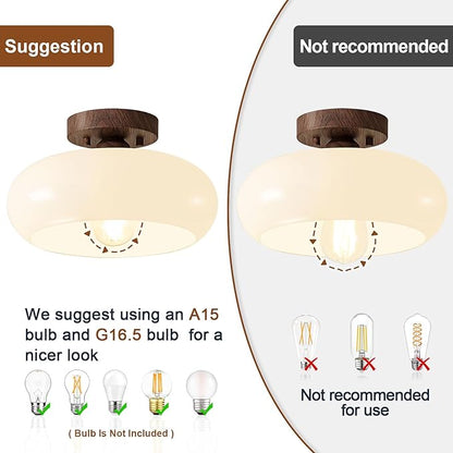 WOKNOS Mid-Century Modern Semi Flush Mount Ceiling Light, Faux Walnut Wood Kitchen Light Fixtures with Glass Shade, Vintage White Close to Ceiling Lamp for Entryway Hallway Bathroom (11.0 Inch)