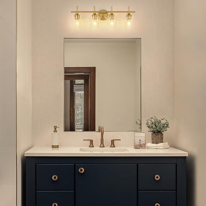 Bathroom Light Fixtures 4-Light Gold Bathroom Vanity Light with Clear Glass Shade, Modern Wall Lights for Bedroom Hallway Living Room (Gold, 4-Light)