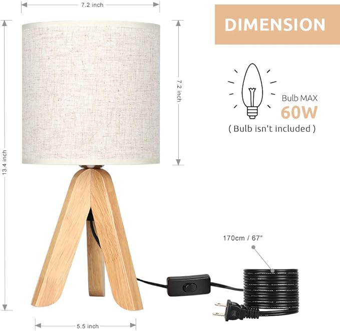 HAITRAL Small Bedside Table Lamp - Wooden Tripod Nightstand Lamp for Bedroom, Living Room, Office, Home with Fabric Linen Shade - 13.4 Inches (Without Bulb)