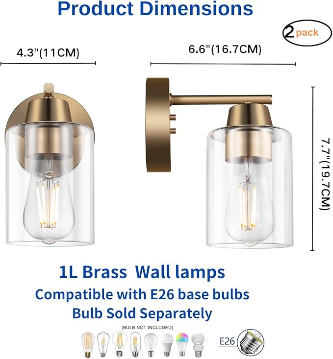 Set of Two Modern Wall Sconces,1-Light Gold Vanity Light Fixtures, Matte Brass Farmhouse Wall Mount Lights with Metal Clear Glass for Bathroom Mirror Living Room Bedroom Hallway E26 Base