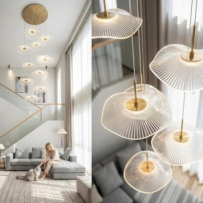 ziidoo High Ceiling Chandelier - 7-Light Dimmable Modern Gold Long Spiral Luxury Linear Lotus Leaf Led Lamp Hanging Pendant Lights for Foyer Enterway Staircase Villas