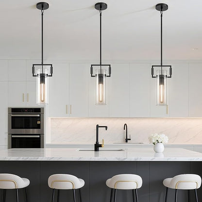 Mondern Black Kitchen Island Pendant Lights,12'' Glass Island Pendant Light,Farmhouses Knurled Pendant Light, for Kitchen,Dining Room,Bathroom,Bulb Included