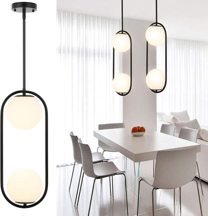 BYOLIIMA 2-Lights Modern Globe Chandelier Mid Century Pendant Light Matte Black Ceiling Hanging Lighting Fixture with White Globe Glass Lampshade for Kitchen Island Dining Room Bedroom