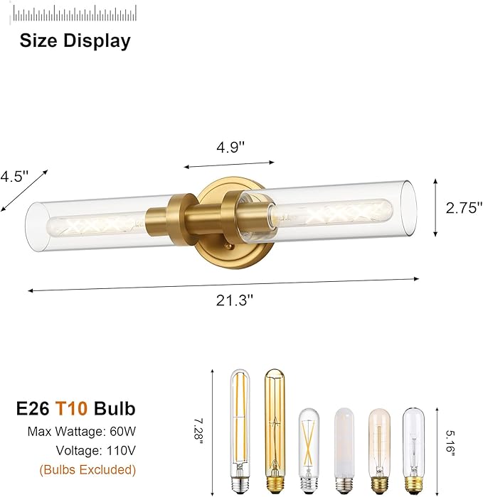 SANTOSTOCK Brushed Gold Bathroom Vanity Light Fixture, 2-Light Modern Wall Sconce Lighting W/Clear Glass, Brass Wall Mount Lamp for Mirror Hallway Kitchen Living Room, E26 T10 Bulbs(Excluded)
